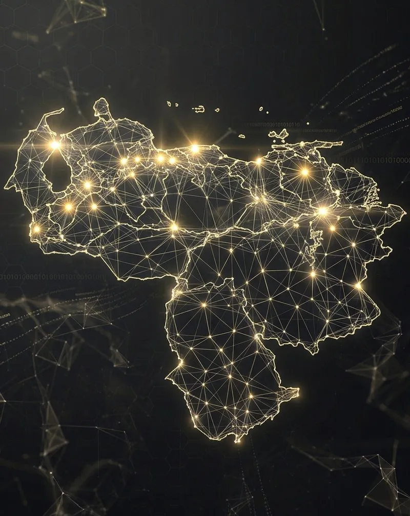 A glowing golden network map of Venezuela, with lines and points of light connecting across the country.